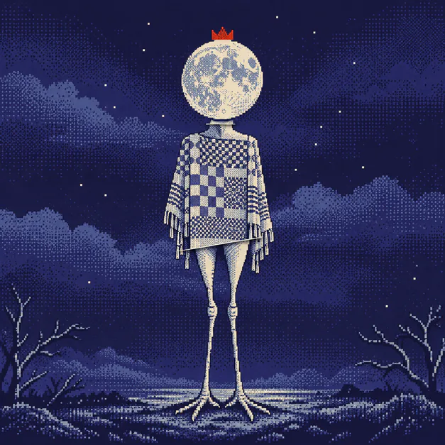 A tall crowned figure with the moon for a head, standing alone in a night field.